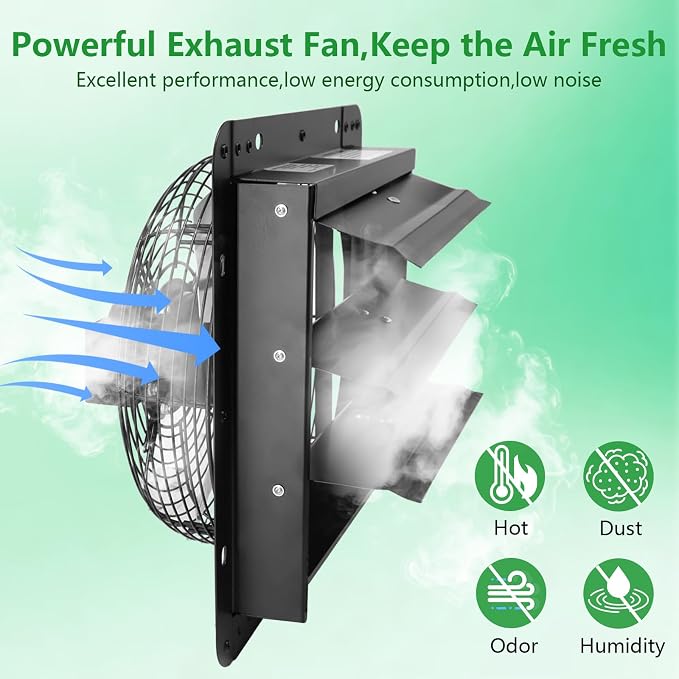 Shutter Exhaust Fan with Thermostat & Speed Control, 576 CFM,1700RPM, Upgrade 7 inch Wall Mount Attic Vent Fan for Chicken Coops, Greenhouse, Barn, Garage, Shed Ventilator