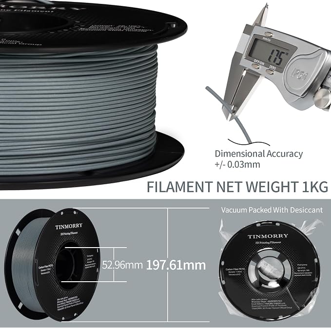TINMORRY Carbon Fiber PETG Filament 1.75 mm, High Rigidity & Strength PETG CF 3D Printer Filament, Compatible with Most FDM 3D Printers, 1 KG 1 Spool, Marble Grey