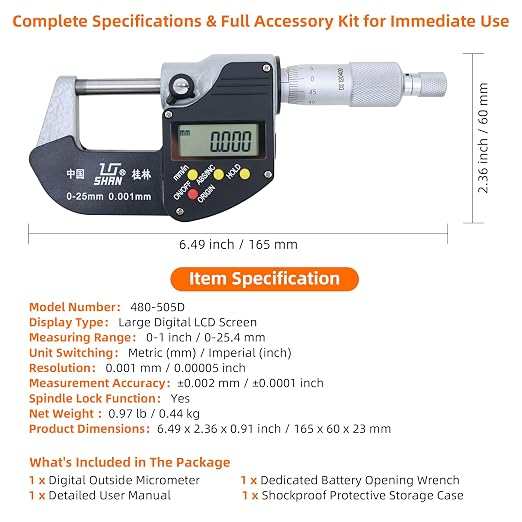 0-1 Professional Digital Micrometer，0.00005" /0.001mm Resolution，Digital Outside Micrometer with Carbide Tip 0-1" Range with Ratchet Stop, Precision Machinist Workshop Automotive Tools