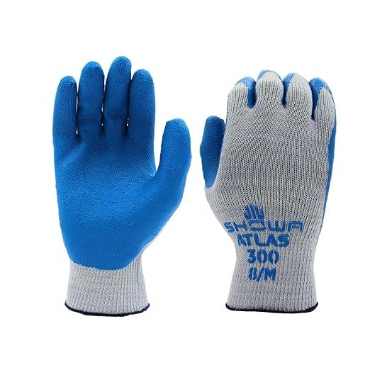 SHOWA Atlas 300 Original 1994 Crinkle Grip Work Gloves, Natural Latex Palm, Heavy Duty 10-Gauge for Construction, Landscaping, Gardening, & Masonry, Blue, Small, Vending Pack, 12-Pack