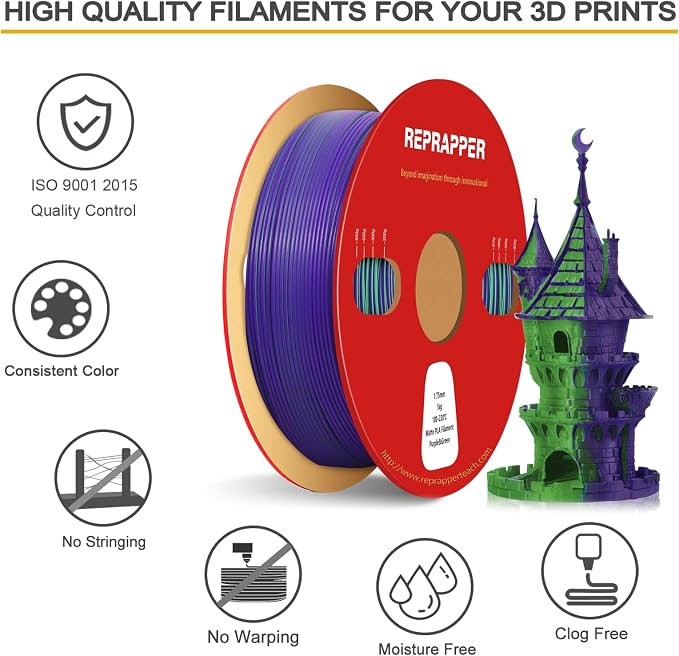 Reprapper Dual Color PLA, Coextrusion Filament 1.75mm for 3D Printer, Multicolor Like Matte Rainbow, 2.2lbs (1kg), Matte PLA Purple & Green