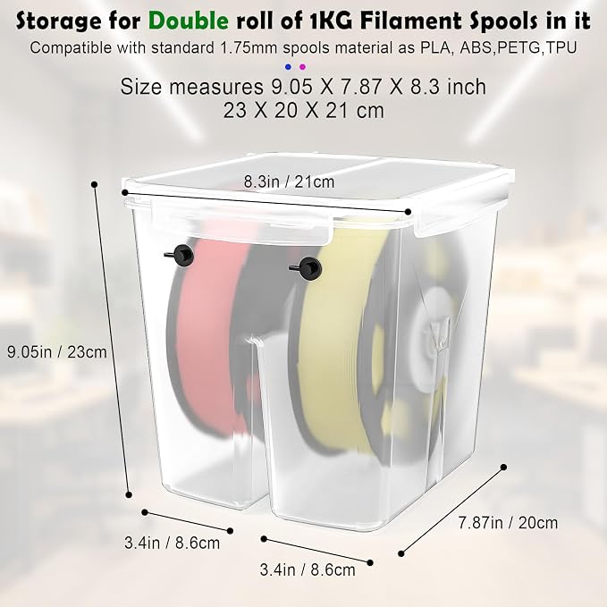 Filament Storage Box with Center Holder - Airtight Filament Storage Container with Labels for 1KG 1.75mm PLA ABS PETG TPU PA, 3D Printing Filament Storage Box with Dual Cable Ports (3 Pack)