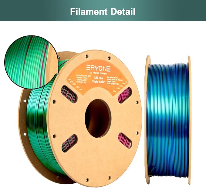 ERYONE Silk Tri Color PLA Filament 3D Printer 1.75mm +/- 0.03mm, Multicolor Filament Tricolor PLA Bundle 2KG Cardboard Spool, Red Blue Green
