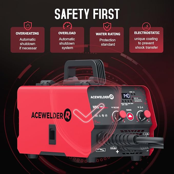 ACEWELDER 140A Gasless Flux Core MIG Welder/Lift TIG/Stick 3 in 1 Welding Machine 110V Portable IGBT Inverter Synergy Welder Machine with Helmet (red)