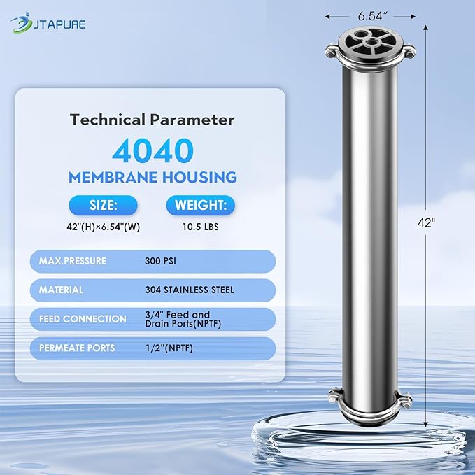 JTAPURE 4040 RO Membrane Housing, 4x40 304 Stainless Steel Commercial | 300 PSI stainless steel pressure vessel for commercial RO systems, whole house filtration, and spot-free car wash setups.