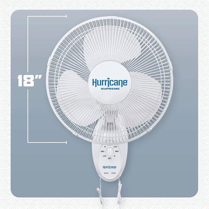 Hurricane Supreme 18" 90 Degree Oscillating Indoor Wall Mounted 3 Speed Plastic Blade Fan with Adjustable Tilt and Pull Chain Control, White (4 Pack)