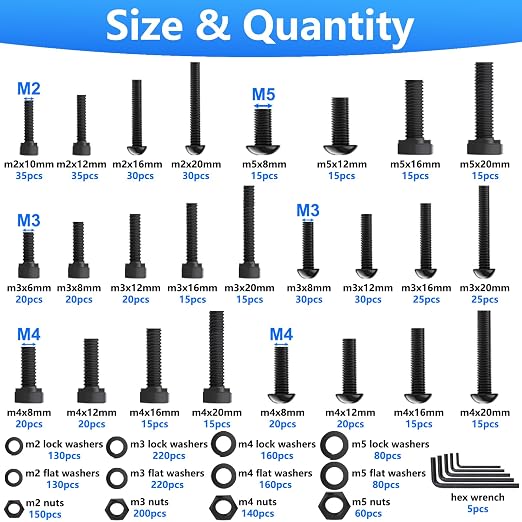 2285PCS M2 M3 M4 M5 Metric Screw Assortment Kit, Socket Head & Button Head Metric Screws and Nuts Set, 10.9 & 12.9 Grade Alloy Steel Machine Screws for 3D Printing