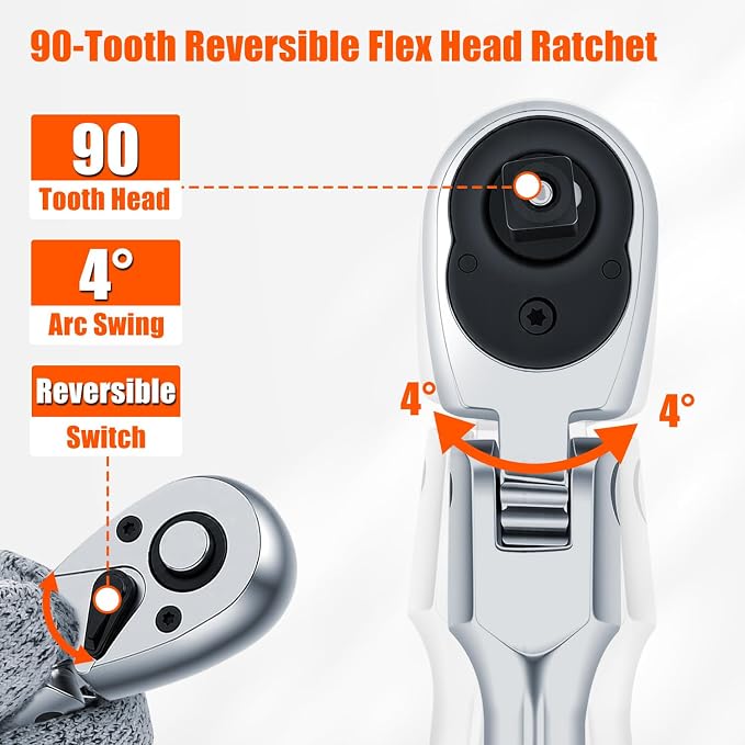 Matework 7Pcs Flex Head Ratchet Set, 1/4”, 3/8” and 1/2” Drive Swivel Ratchet Wrench with 180° Flex Head, 90 Tooth, Quick-Release, Extra Long Handle Ratchet with Extension Bar and EVA Foam, CR-V Steel