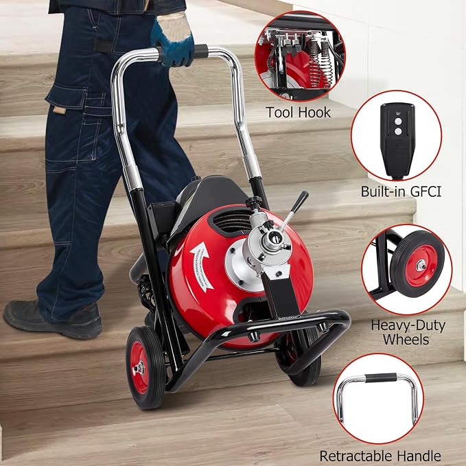 Garvee Drain Cleaner Machine, 75 ft X 1/2 in Professional Automatic Electric Drain Auger for 1 to 4 in Pipes, Portable Electric Drain Snake with 4 Cutters & Foot Switch and Pair of Gloves