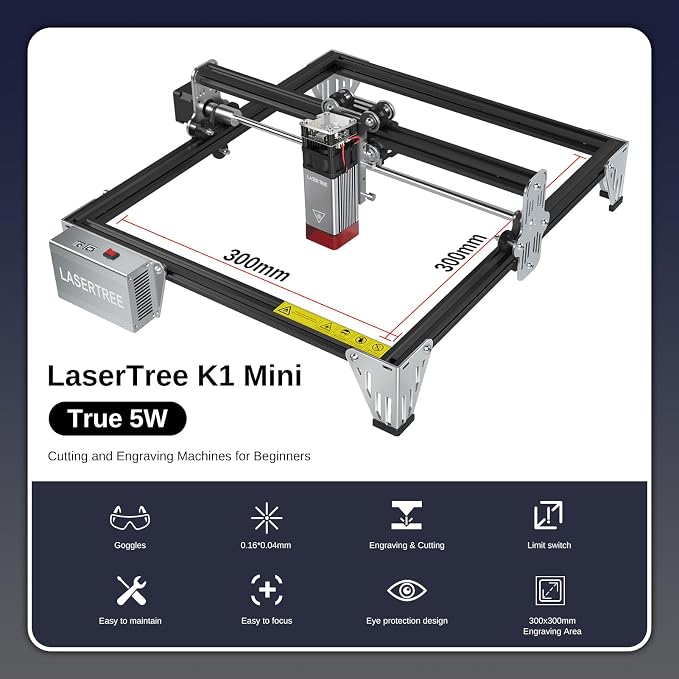 LASER TREE 5W Laser Engraver, 5000mW High Precision Laser Engraving Machine, Eye Protection, 12×12” Work Area, Class 4 Laser for Wood, Acrylic, Leather DIY Craft