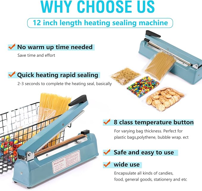 METRONIC Impulse Sealer 12 Inch, Heat Sealer Machine with Repair Kit, Manual Bag Sealer, Heavy Duty Impulse Heat Sealer for Plastic Bags, Shrink Wrap Bag (Blue)