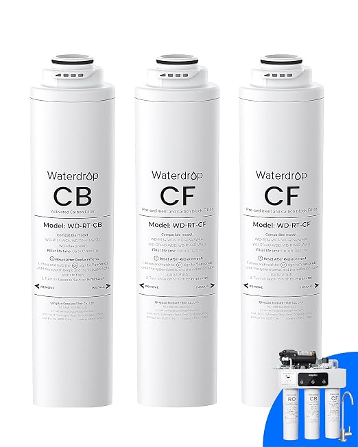 Waterdrop RT-2CFCB Filter, Replacement for Waterdrop T3-C Tankless Reverse Osmosis Water Filter System (𝐂𝐅*𝟐 + 𝐂𝐁*𝟏), 1-Year Combo