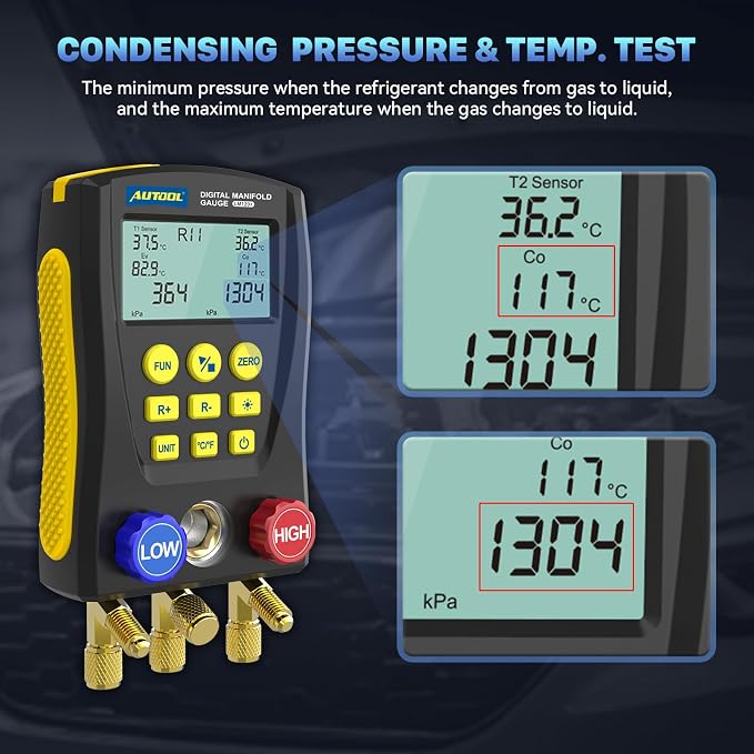 AUTOOL Digital Manifold Gauge HVAC, AC Dual Pressure & Temperature Test, 92 Refrigerant Refrigeration Gauge with Vacuum/Leak Test, LCD Backlight Temp Clamps (LM120)