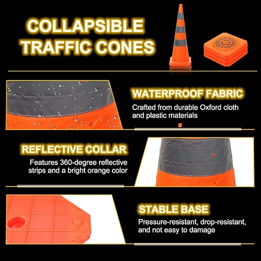 PATIKIL 35.5" 2 Pack Collapsible Traffic Cones, Orange Safety Cones Cones with Reflective Collar Caution Cones for Parking Lot Driving Training Practice Emergency Roadside Barrier