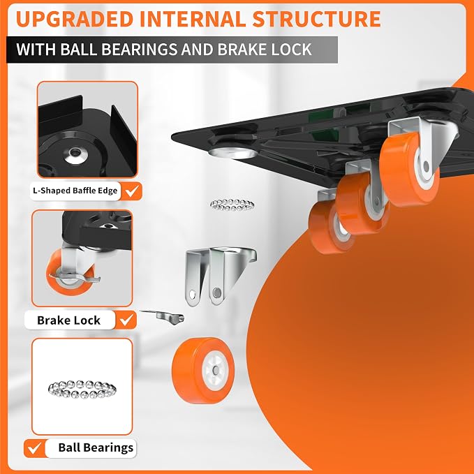 Heavy Duty Furniture Dolly 360° Rotating 5 Orange Wheels, Alloy Steel Furniture Movers Up to 3000 lbs/1360 Kg Load Capacity with Measure Tape and Leveler (5.3x5.3 in)