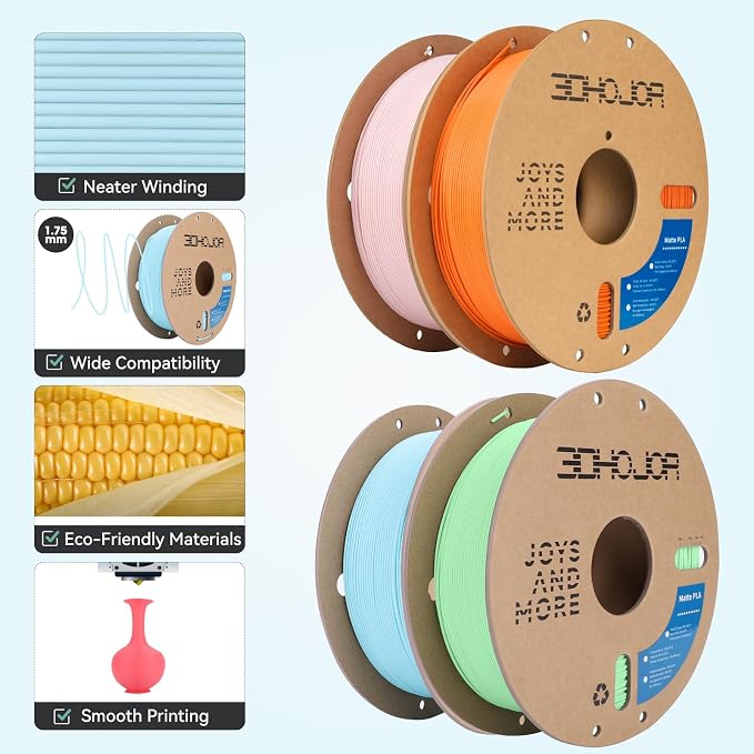 3DHoJor Matte PLA Filament 1.75mm, 1kg*4 Bundle Cardboard Spool PLA Filament 1.75 PLA 3D Printing Filament, Print with Most 3D Printers-Green,Pink,Blue,Tangerine