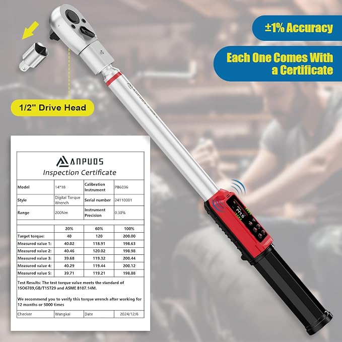 ANPUDS Adjustable Digital Torque Wrench, 2.2-147.5 Ft.lb, ±1% Accuracy | 3-200 Nm, 45mm Jaw & 1/2" Ratchet, 14×18mm Open End, Vibration, Buzzer and LED Indicator, for HVAC, Split AC, Auto, Plumbing