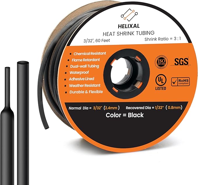 3/32" Heat Shrink tubing, 3:1 Ratio Wire Heat Shrink Tubing Industrial and Marine Grade, Dual Wall Adhesive Lined Wire Shrink Wrap Tubing, Waterproof Heat Shrink Tube - Black, 60 Feet Roll