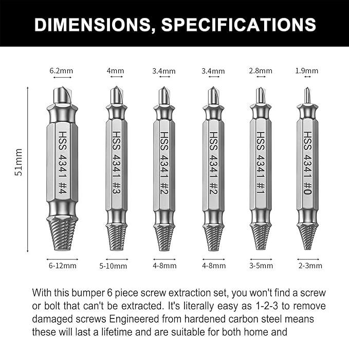 Damaged Screw Extractor Set，6pcs Stripped Screws Nuts Bolts for Removing Rusted and Damaged Hardware, Nuts and Bolts, Drill Bit Tools