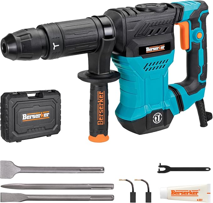 Berserker 1300W 12-Pound SDS-Max Demolition Jack Hammer 45HMC,11-Amp Corded | Small Lightweight Electric Concrete Breaker for Tile Removal with Vibration Control,Trigger Lock,Carrying Case & 3 Chisels