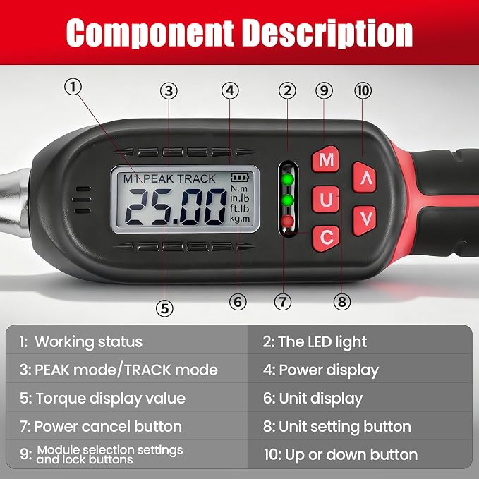 Adjustable Digital Torque Wrench 5-100 ft.lb/6.8-135 N.m, Interchangeable Electronic Torque Wrench with 42 mm Open End and 1/2 inch Ratchet, 2% Accuracy, LED Buzzer Alert, for HVAC