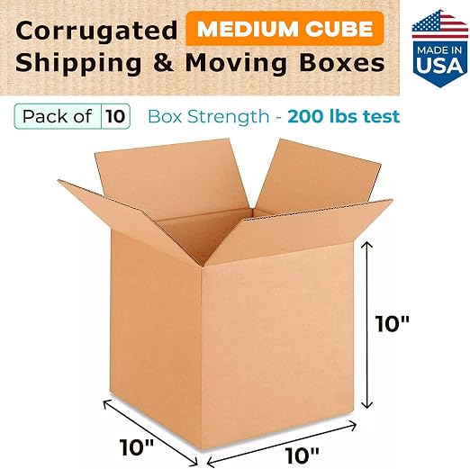 Medium Cube Moving & Shipping Boxes 10x10x10 inches (10-Pack) - Extra Strength 200 lb vs Regular - USA-Made Corrugated Durable Packing Boxes - Shipping Box Medium - Box Packaging by IDL Packaging