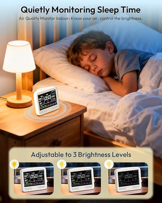 16-in-1 Air Quality Monitor Indoor, CO2 Monitor with 9 Readings & 7 AQI Alerts, Air Quality Tester for CO2, TVOC, HCHO, PM2.5 PM1.0 PM10, Temp Humidity & Time, Indoor Meter for Home Office (PureWhite)