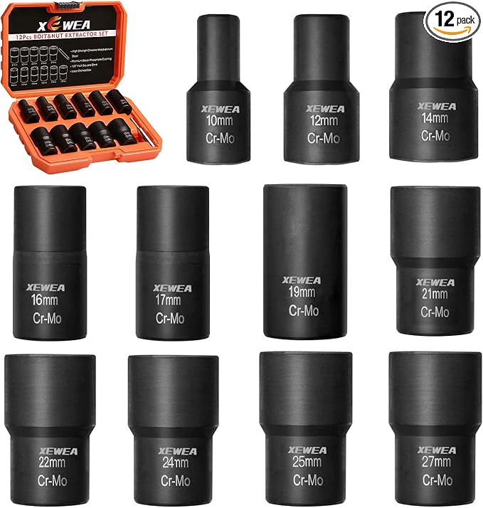 XEWEA 12PCS Lug Nut Remover Set, 1/2-Inch Drive Stripped Wheel Lock Removal Extractor Twist Socket Kit for Removing Damaged, Frozen, Rusted, Studs, Rounded-Off Bolts Nuts Screws