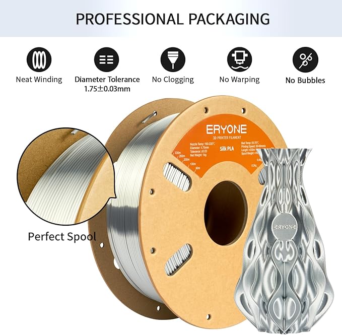 ERYONE Silk PLA Filament for 3D Printer 1.75mm +/- 0.03mm, 2KG Cardboard Spool, Silk Silver