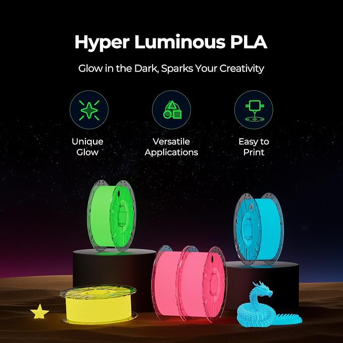 Creality Hyper Glow-in-the-Dark PLA Filament 1.75mm 1KG, RFID Smart, Bright Long-Lasting Glow, High-Speed 30–600mm/s, Easy Printing, Fits Most 3D Printers (Yellow)