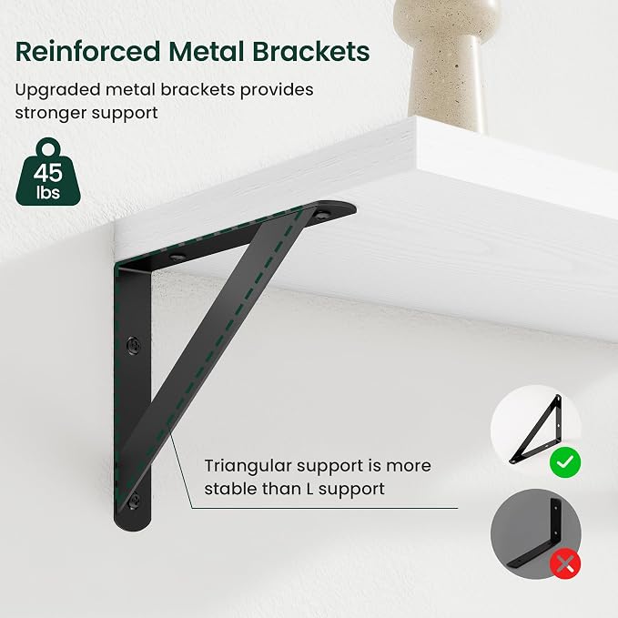 Floating Shelves 8 Inch Deep, 24W x 8D Wall Shelf Set of 2, 50 lbs Heavy Duty Reversible Metal Brackets, Industrial Book Shelf for Living Room Kitchen Bathroom Bedroom Gallery Wall, White