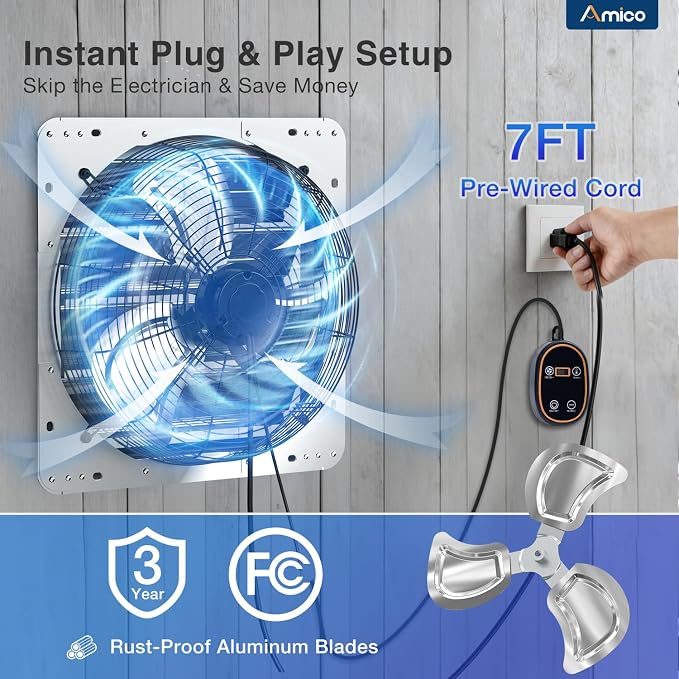 Amico 16" Smart Shutter Exhaust Fan with Thermostat & 8 Speed, 2128 CFM (Up to 3000 Sq.Ft), 68W Premium EC Motor, Wall Mount Garage/Attic/Greenhouse/Warehouse Vent Fan, Plug & Play, FCC