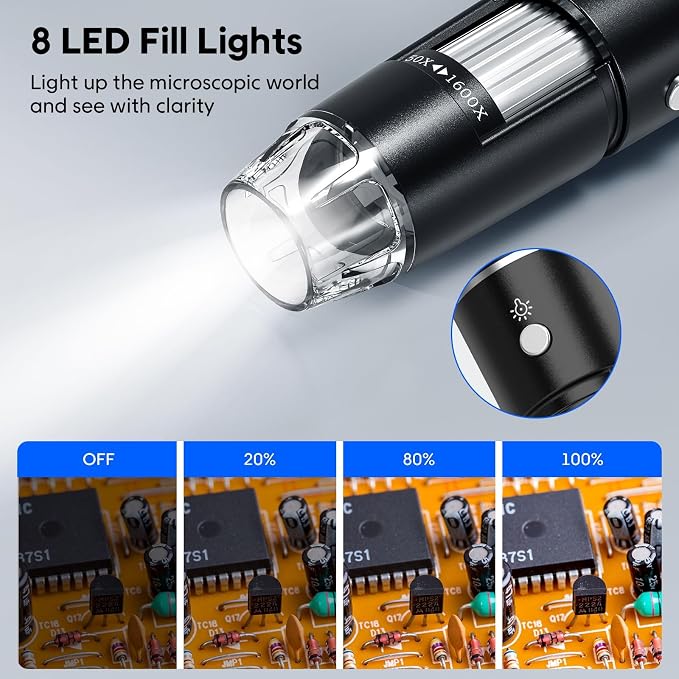 USB Digital Microscope, 50x-1600x Magnification Handheld, 1920P HD 8 LED Lights, Portable Pocket Microscope, Compatible with iOS and Android Devices, +2MP Magnifier Camera, No PC Support (with Stand)
