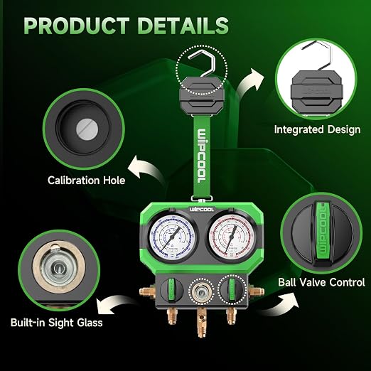 WIPCOOL Manifold Gauge for R22 R410A/R32 R404A R407C Air Conditioning Refrigerants, with Sight Glass 3 * 1/4" SAE Ports, Shockproof Integrated Design