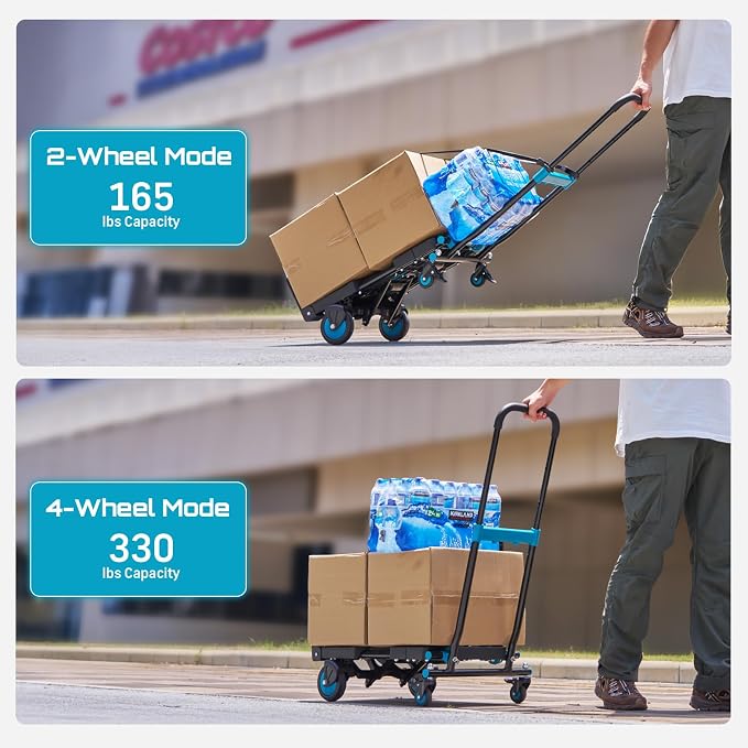 SEESII Foldable Dolly Cart with Folding Basket, 330 lbs Max Capacity Portable Hand Cart, 2-in-1 Heavy Duty Folding Hand Truck with Adjustable Retractable Handle for Moving, Delivery, Warehouse Use
