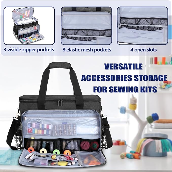 Yarwo Sewing Machine Carrying Case with Thicken Bottom Board, Universal Sewing Machine Tote Compatible with Most Standard Sewing Machine and Accessories, Black with Arrow