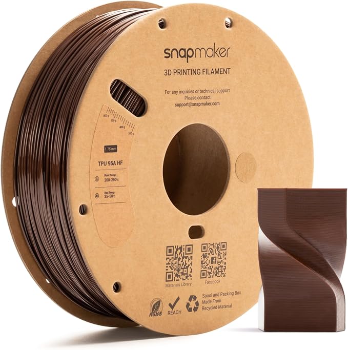 Snapmaker TPU Filament 1.75mm,TPU 95A HF 3D Printer Filament Flexible Soft with High Elasticity,High Speed Printing,Dimensional Accuracy +/- 0.03mm,1kg(2.2lbs) (Brown)