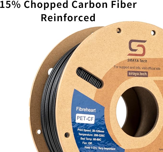 Siraya Tech Fibreheart PET-CF 3D Filament - Carbon Fiber Reinforced, High Strength & Rigidity, Easy Print, Dimensionally Stable, Aluminum Foil Sealed Bag - for Strong and Precise Parts (Black, 1kg)