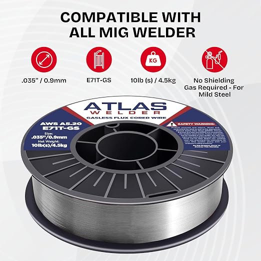 ATLASWELDER Flux Core Welding Wire, E71T-GS .035 Inch 10LB, Gasless Mild Steel MIG Welding Wire with Low Spatter for All Position Welding