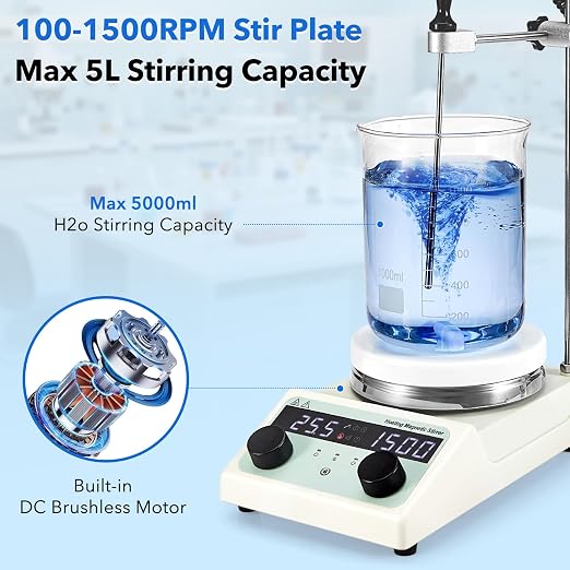5.5 inch Magnetic Stirrer Hot Plate, Max Temp 572℉/ 300℃, 100-1500RPM Ceramic Coated Aluminum Stir Plate, Max 5L Stirring Capacity, with Stir Bar, Temp Probe Sensor, Stand