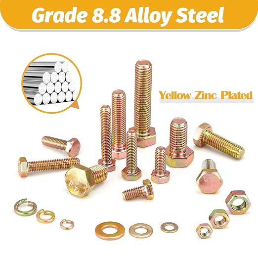 Kadrick 820Pcs Grade 8.8 Metric Bolt Assortment, M6 M8 M10 Hex Heavy Duty Bolts and Nuts Kit,M6 x1.0 M8 x1.25 M10-1.5 (12mm to 45mm),Yellow Zinc Plated