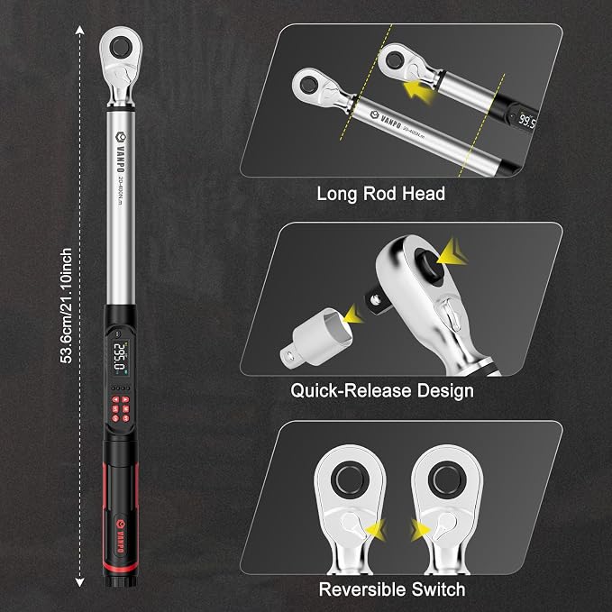 VANPO 1/2 Drive Digital Angle Torque Wrench 14.7-295 ft.lb, ±2% Accuracy | 20-400 Nm Electronic Torque Wrench, Buzzer LED Vibration Alarm, Perfect for Heavy Duty Truck, Bus & Diesel Repair