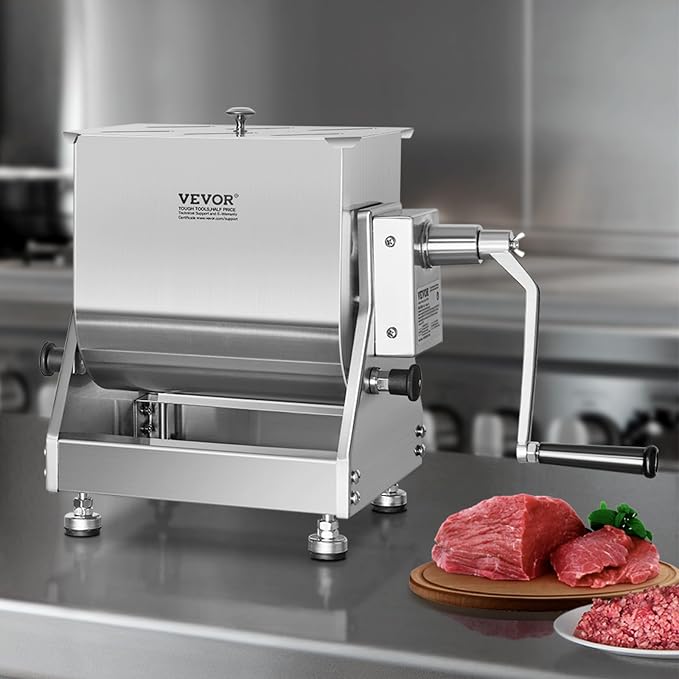 VEVOR Manual Meat Mixer, 10L Tilt Tank – Heavy Duty Stainless Steel Hand Mixer for Ground Beef & Sausage, Max 15lb Mixing Meat Capacity, with Gear Box and Lid Handle