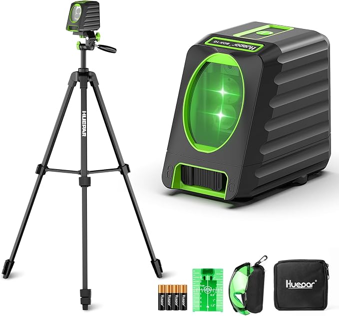 Laser Level with Tripod, Huepar 150Ft Lazer Leveler for Outdoor Use, 150° Vertical Green Cross Line Leveller Laser for Picture Hanging, Tile, Construction Project (4 AA Batteries Include)