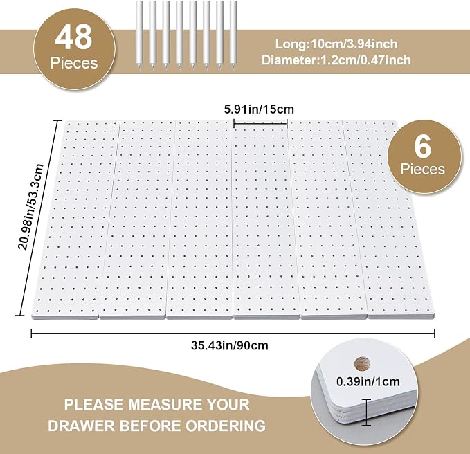 Kigley 6 Pcs Wood Pegboard Drawer Organizer with 48 Pegs Wooden Peg Board System Peg Drawer Organizers for Kitchen Dishes Plate Pegboard Food Containers(White,21x5.91,Pine)