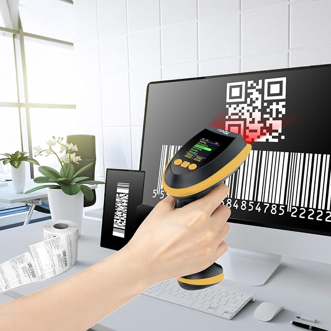 Tera Barcode Scanner Wireless 2D with Stand: Pro Version Digital Setting Screen Keypad Works with Bluetooth 2.4G Wireless USB Wired Extra Fast Scanning Speed Handheld Bar Code Reader HW0009-Z Yellow