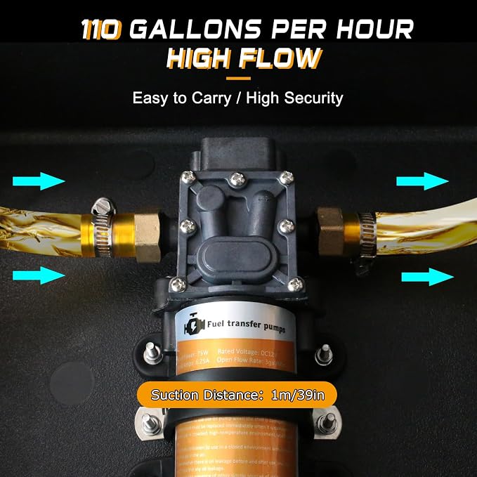 12V 75W Fuel Transfer Pump Kit, 110GPH Gas Transfer Pump with High Elastic Fuel Pipe & 2 Power Cables, Great for Vehicles, Boats, Equipment, Gasoline, Diesel (110GPH, SET)