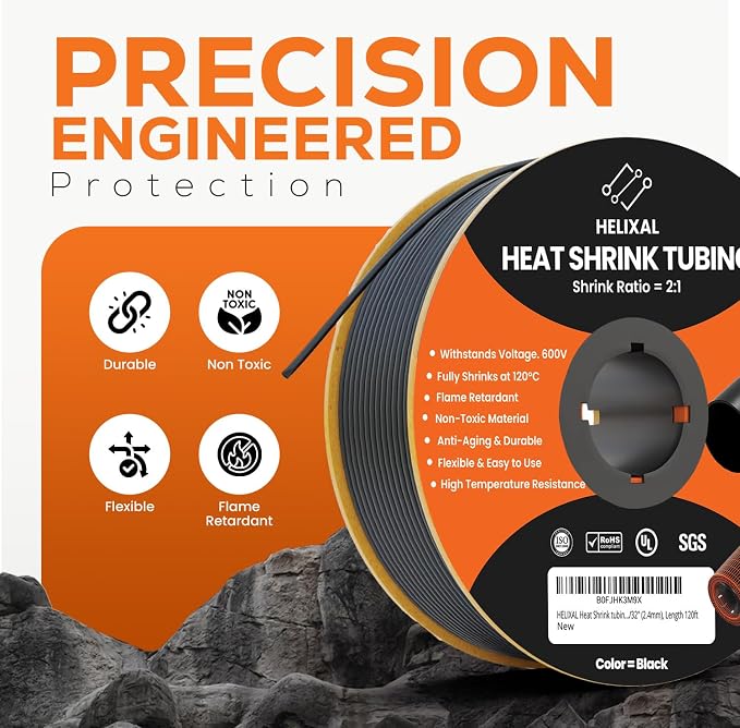 3/32" 2.4mm HELIXAL 2:1 Heat Shrink Tubing, Electrical Industrial Shrink Tube for Wire Insulation, Shrink Wrap Tubing, Electrical Insulation, Flame Retardant Cable Management Spool 120ft
