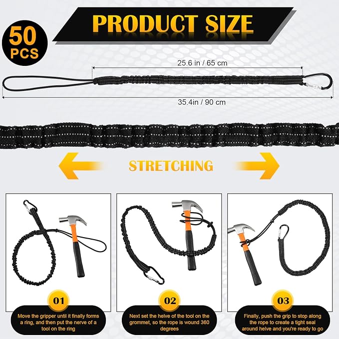 LEIFIDE 50pcs Tool Lanyard Standard Length Safety Tool Leash 17.6lb 8kg Tough Adjustable Fall Protection Tether with Aluminum Screw Lock Buckle, Shock Cord Stopper and Retractable Loop End, Black