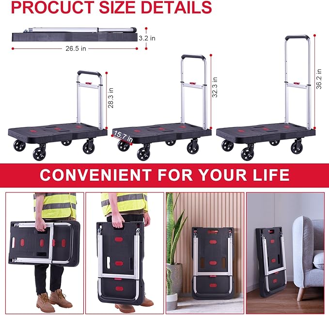 Folding Hand Truck Portable Trolly,Platform Transport Hand cart with 330lbs Capacity Practical handling Tools for Household Industrial Black